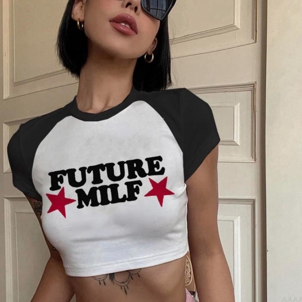 ‘Future Milf’ Black and White Graphic Crop Top